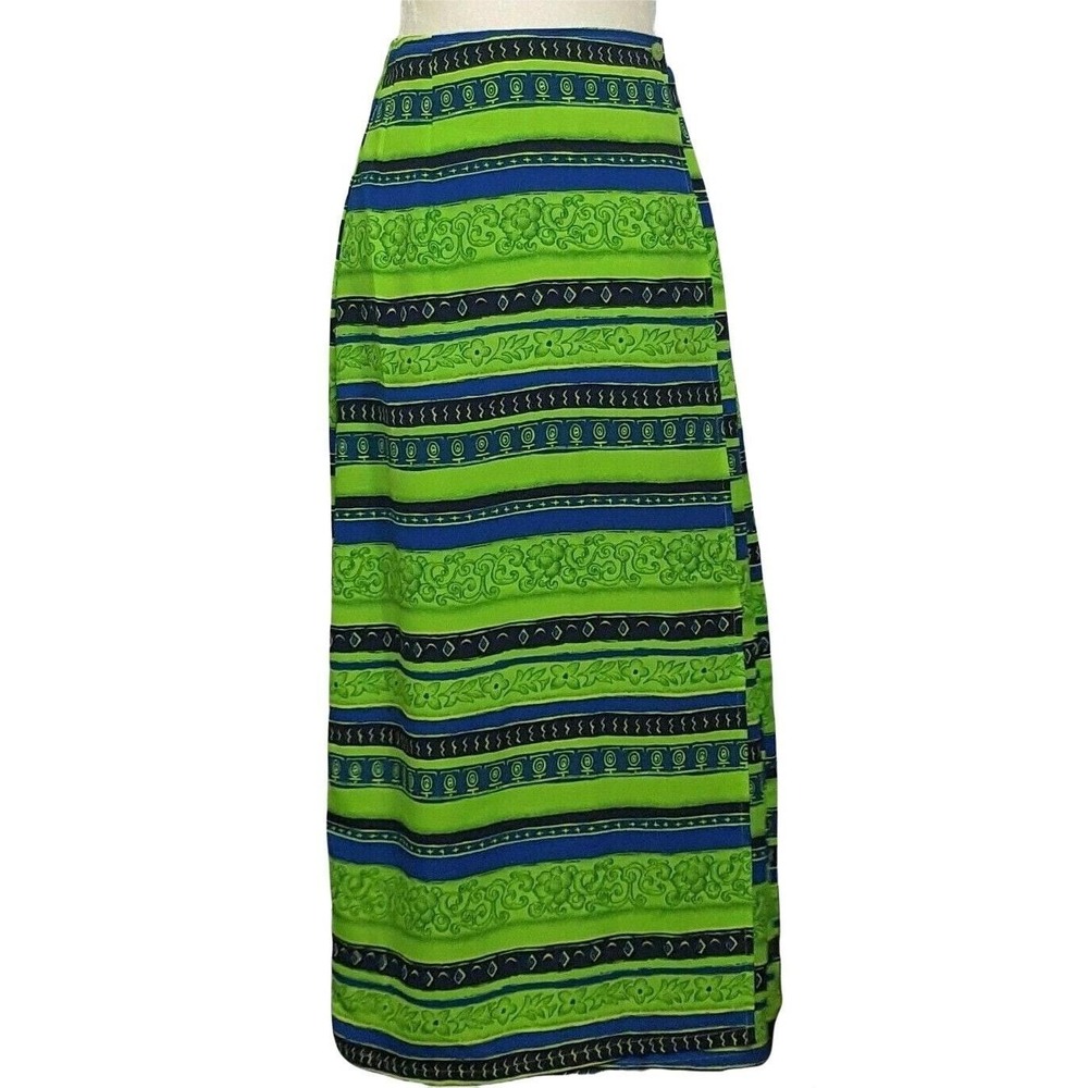 Vintage Maxi Wrap Skirt Small Floral Tribal Blue Green Polyester L&S Designs